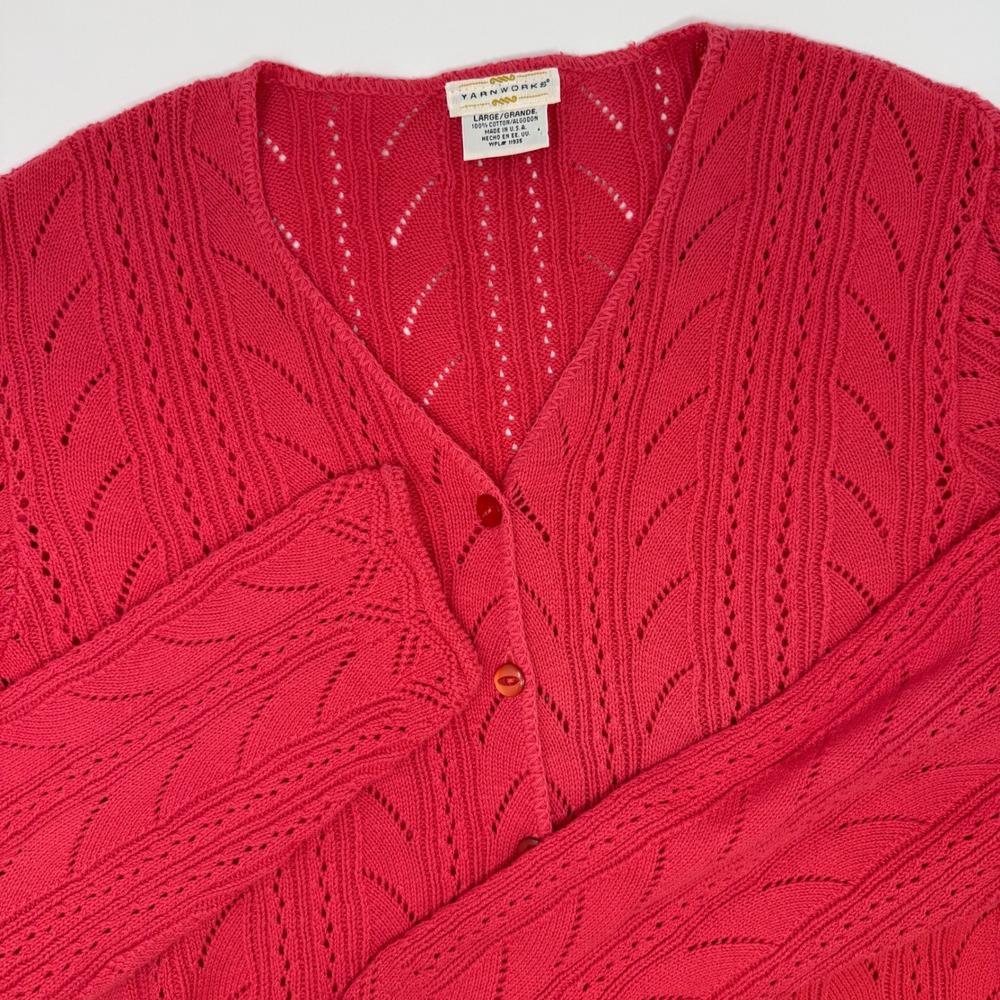 Yarnworks Coral Pink V Neck Button Front Lace Knit Cardigan Sweater Women‎ Large
